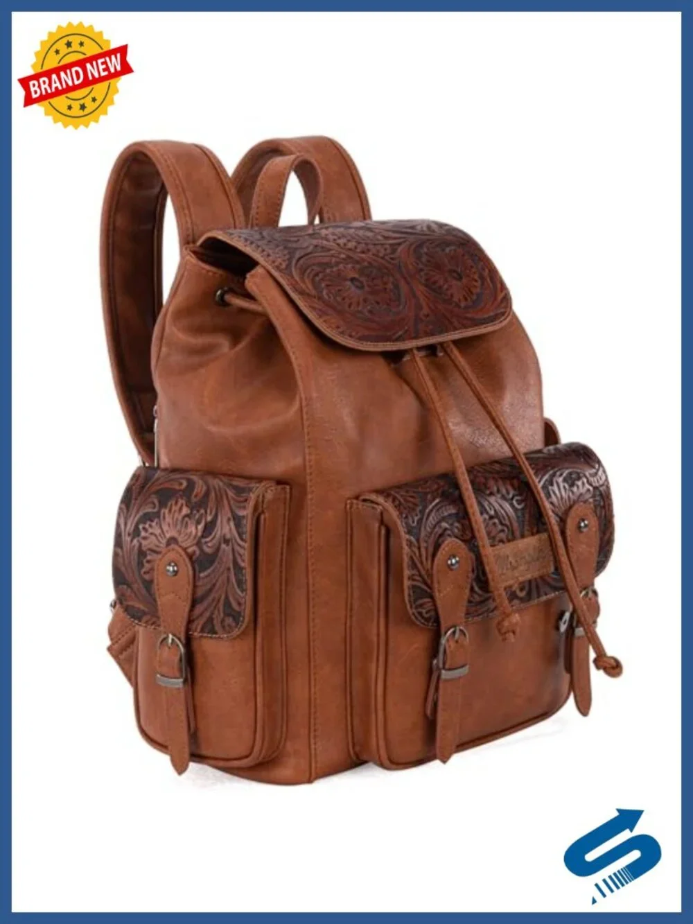 Floral Tooled Western Backpack with Drawstring & Magnetic Closure, Real Leather